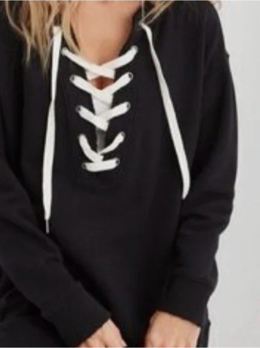 Aerie Oversized Black Charcoal Lace-up Sweat Shirt Cozy Athleisure S Distressed